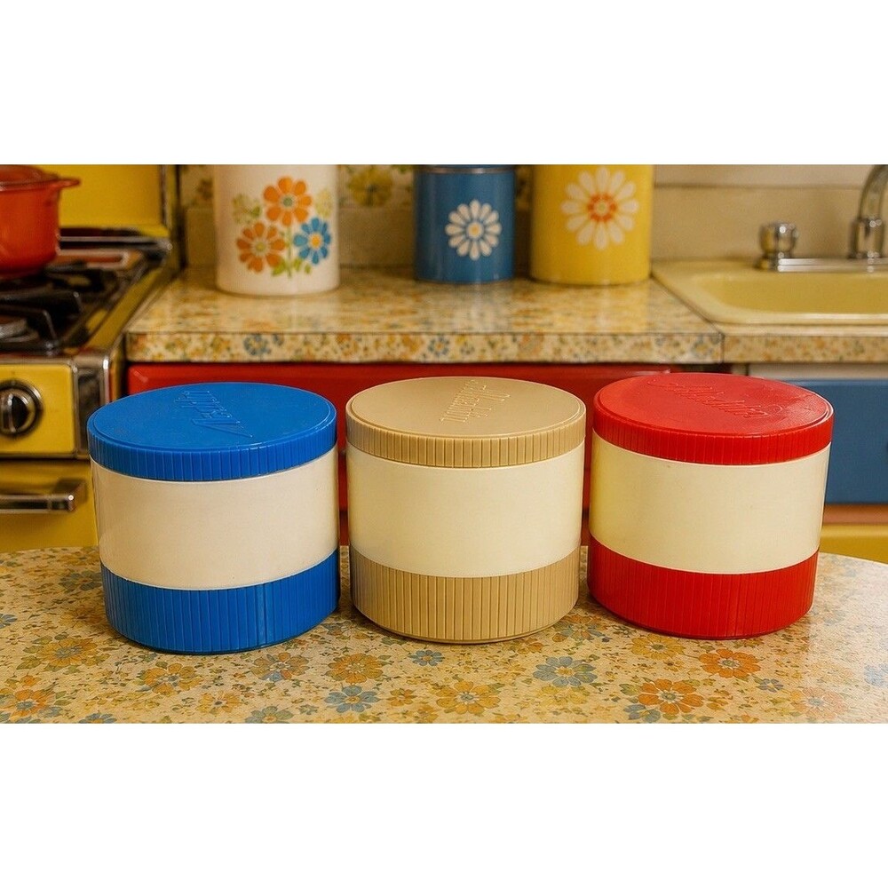 Vintage Aladdin Insulated Food Jars Lot of 3 Red Blue Beige 6 Oz Model 7000 Set